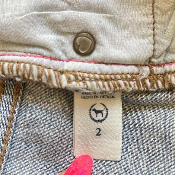 Victoria's Secret Pink Shorts 2 Blue Denim Jean Crystals Studs Distressed - Picture 8 of 9